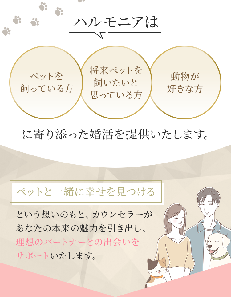 ハルモニアはペットを飼っている方・将来ペットを飼いたいと思っている方・動物が好きな方に寄り添った婚活を提供いたします。